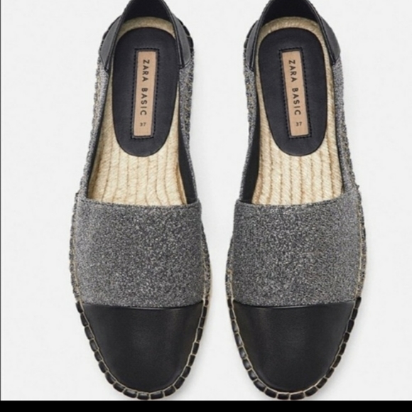 Zara Basic Collection Metallic Faux Leather Cap Toe Espadrills Silver Glitter 35 - Picture 9 of 15